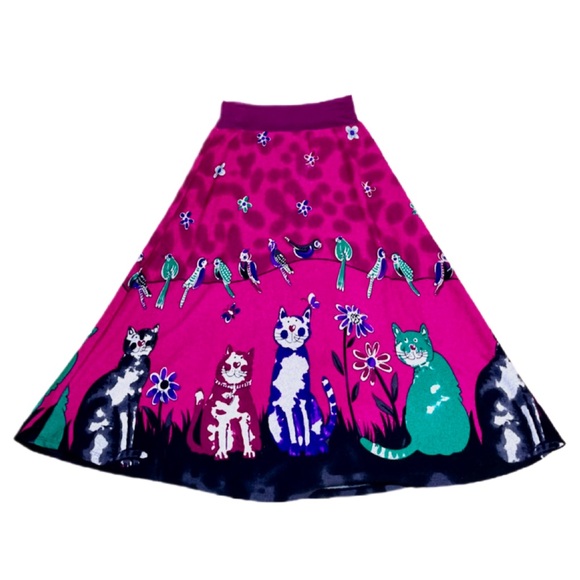CAT Kitty themed A-line knit sweater skirt w BIRDS in pink green purple S or M - Picture 3 of 11